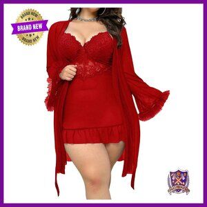 Plus Size Lace Chemise Robe Set Sheer Nightwear 2 Piece